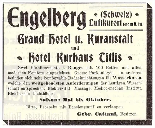 original Werbung - 1907 - Engelberg , Schweiz , Hotel und Kurhaus , Kur , Gebr. Cattani !!!