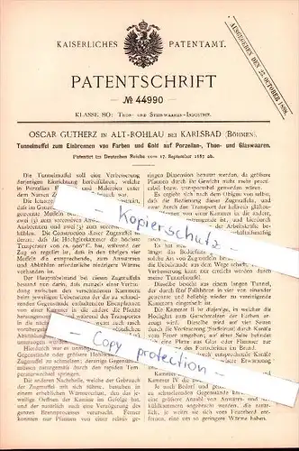 Original Patent - Oscar Gutherz in Altrohlau bei Karlsbad , 1887 , Einbrennen von Gold auf Porzellan , porcelan !!!