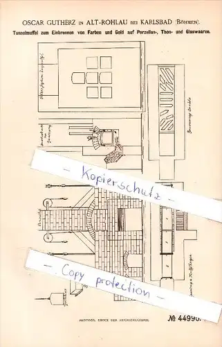 Original Patent - Oscar Gutherz in Altrohlau bei Karlsbad , 1887 , Einbrennen von Gold auf Porzellan , porcelan !!!