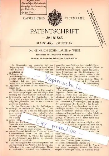 Original Patent - Dr. Heinrich Schmilauer in Wien , 1905 , Schalldose mit mehreren Membranen !!!