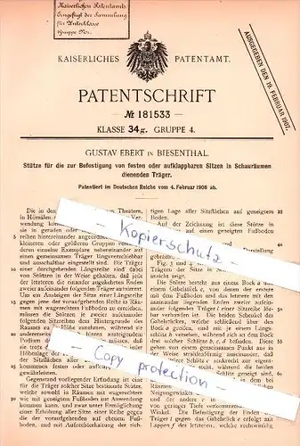 Original Patent - Gustav Ebert in Biesenthal , 1906 , Befestigung von Sitzen in Schauräumen !!!