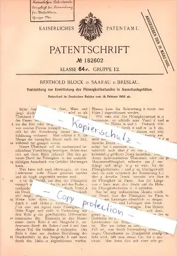 Original Patent - Berthold Block in Saarau / Zarow b. Breslau , 1906 , Ausschankgefäße , Alkohol , Brauerei !!!