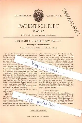 Original Patent - Jan Hauer in Molitorov , Böhmen , 1887 , Neuerung an Dreschmaschinen !!!