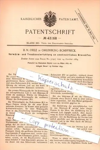 Original Patent - B. Ohle in Ohlenburg - Schiffbeck , 1887 , Thon- und Steinwaaren-Industrie , Hamburg !!!