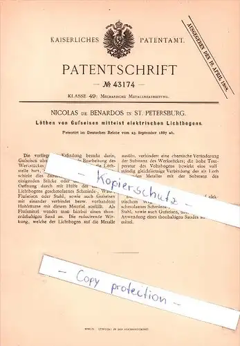 Original Patent - Nicolas de Benardos in St. Petersburg , 1887 , Löthen von Gußeisen , Russland !!!