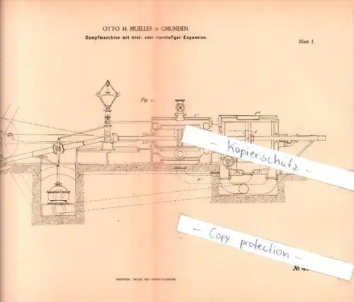 Original Patent - Otto H. Mueller in Gmunden , 1887 , Dampfmaschine !!!