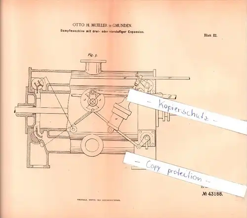 Original Patent - Otto H. Mueller in Gmunden , 1887 , Dampfmaschine !!!