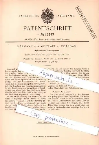Original Patent - Hermann von Mitzlaff in Potsdam , 1888 , Hydraulische Trockenpresse !!!