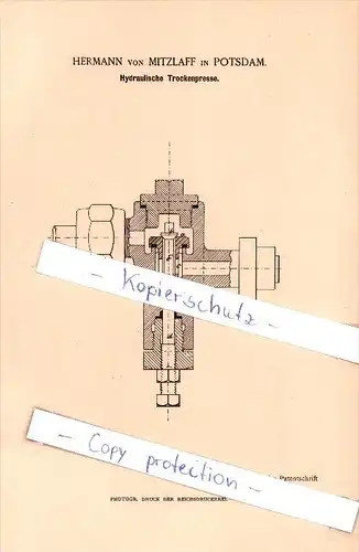 Original Patent - Hermann von Mitzlaff in Potsdam , 1888 , Hydraulische Trockenpresse !!!
