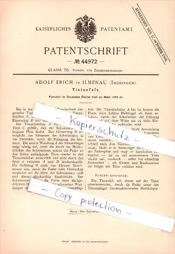 Original Patent - Adolf Erich in Ilmenau , Thüringen , 1888 ,  Tintenfaß , Schreib- und Zeichenmaterialien !!!
