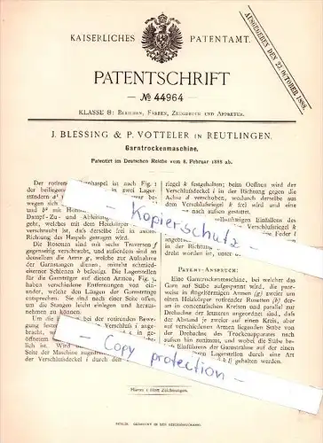 Original Patent - J. Blessing & P. Votteler in Reutlingen , 1888 , Garntrockenmaschine !!!