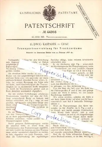 Original Patent - Ludwig Kasparek in Graz , 1888 , Transportvorrichtung für Trockenräume !!!