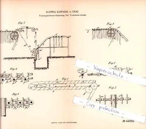 Original Patent - Ludwig Kasparek in Graz , 1888 , Transportvorrichtung für Trockenräume !!!