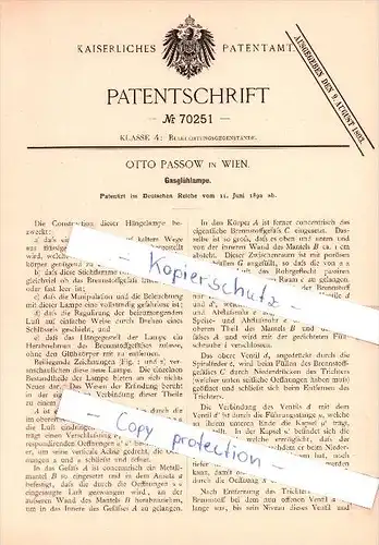 Original Patent - Otto Passow in Wien , 1892 ,  Gasglühlampe , Lampe , Elektrik !!!