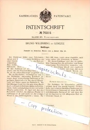 Original Patent - Bruno Willenberg in Görlitz , 1893 ,  Rußfänger , Feuerung , Schornsteinfeger , Heizungsbau !!!