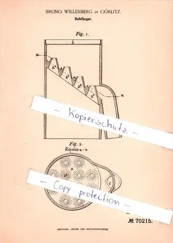 Original Patent - Bruno Willenberg in Görlitz , 1893 ,  Rußfänger , Feuerung , Schornsteinfeger , Heizungsbau !!!