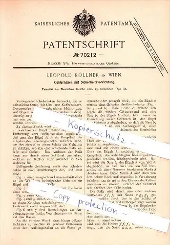 Original Patent - Leopold Köllner in Wien  , 1892 , Kleiderhaken mit Sicherheitsvorrichtung !!!