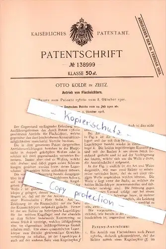Original Patent  - Otto Kolde in Zeitz , 1916 , Antrieb von Flachsichtern !!!