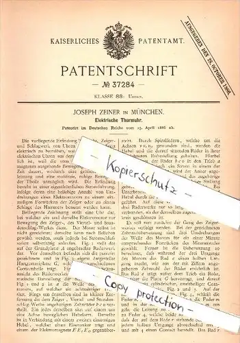 Original Patent - Joseph Zeiner in München , 1886 , elektrische Turmuhr , Kirche , Uhr !!!