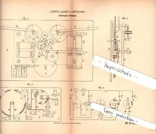 Original Patent - Joseph Zeiner in München , 1886 , elektrische Turmuhr , Kirche , Uhr !!!