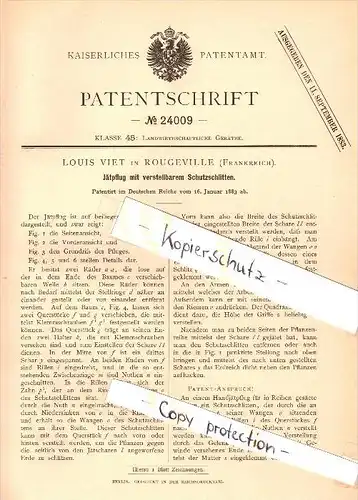 Original Patent - Louis Viet à Rougeville , 1883 , charrue réglable, agriculture !!!