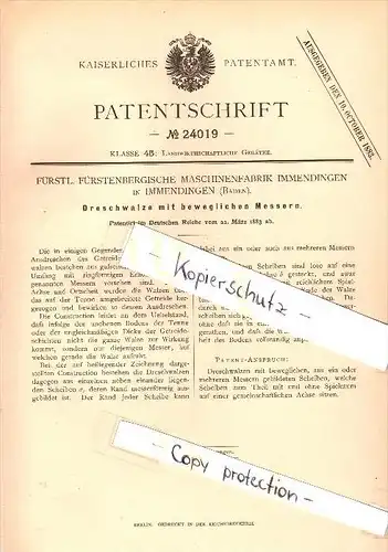 Original Patent - Fürstenbergische Maschinenfabrik in Immendingen , 1883 , Dreschwalze , Landwirtschaft , Agrar !!!