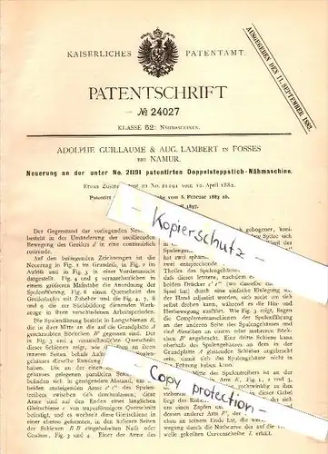 Original Patent - A. Guillaume & A. Lambert in Fosses la Ville b. Namur , 1883 , Doppelstich - Nähmaschine !!!