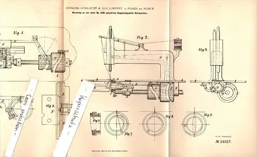 Original Patent - A. Guillaume & A. Lambert in Fosses la Ville b. Namur , 1883 , Doppelstich - Nähmaschine !!!