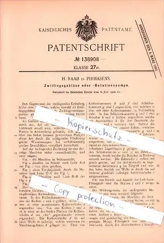 Original Patent  - H. Raab in Pirmasens  , 1902 , Zwillingsgebläse oder -Rotationspumpe !!!