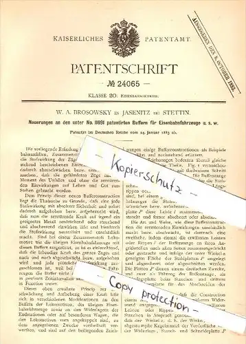 Original Patent - W.A. Brosowsky in Jasenitz / Jasienica b. Pölitz / Police , 1883 , Buffer für Eisenbahn !!!
