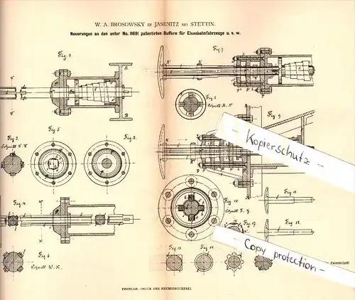 Original Patent - W.A. Brosowsky in Jasenitz / Jasienica b. Pölitz / Police , 1883 , Buffer für Eisenbahn !!!