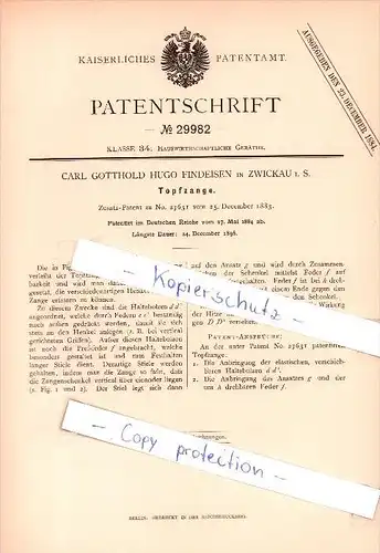 Original Patent  - Carl Gotthold Hugo Findeisen in Zwickau i. S. , 1884 , Topfzange !!!