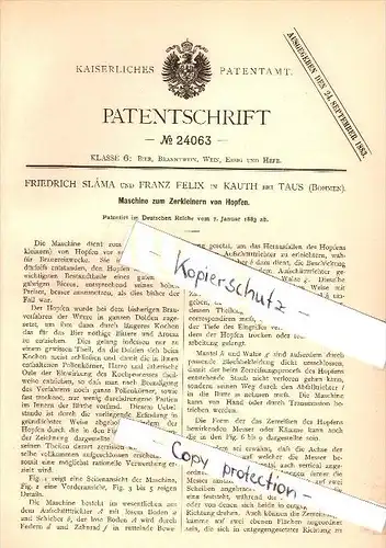 Original Patent - F. Slama und F. Felix in Kauth b. Taus / Domazlice , 1883 , Maschine für Hopfen , Brauerei , Alkohol !