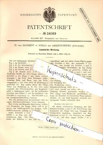 Original Patent - H. von Schmidt in Wiesa / Kodersdorf b. Greiffenberg / Gryfów Slaski , 1883 , Combiniertes Werkzeug !!