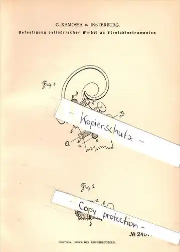 Original Patent - G. Kamossa in Insterburg / Tschernjachowsk , 1883 , Streichinstrument , Geige , Violine , Russland !!!