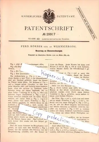 Original Patent  - Ferd. Körber in Wernigerode  , 1884 ,  Neuerung an Bienenwohnungen , Imkerei , Imker !!!