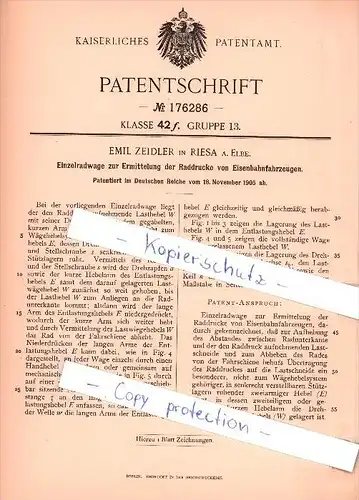 Original Patent  -  Emil Zeidler in Riesa a. Elbe , 1905 , Eisenbahnfahrzeuge !!!