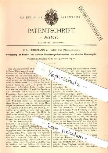 Original Patent - C.L. Fehrmann in Parchim i. Mecklenburg , 1883 , Nivelliergerät , Vermessung , Bau !!!