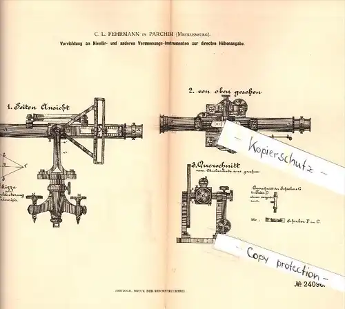 Original Patent - C.L. Fehrmann in Parchim i. Mecklenburg , 1883 , Nivelliergerät , Vermessung , Bau !!!