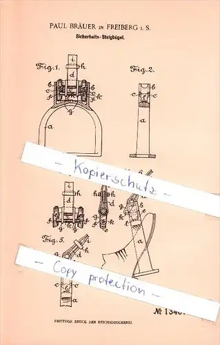 Original Patent  - Paul Bräuer in Freiberg i. S. , 1901 , Sicherheits - Steigbügel , Pferde , Reiter !!!