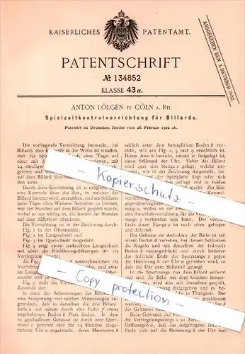 Original Patent  - Anton Lölgen in Cöln a. Rh. , 1902 , Spielzeitkontrollvorrichtung für Billard , Köln !!!