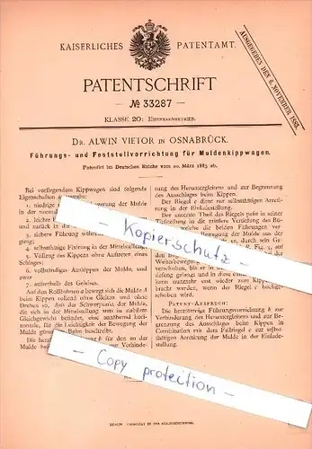 Original Patent  - Dr. Alwin Vietor in Osnabrück , 1885 , Eisenbahnbetrieb !!!