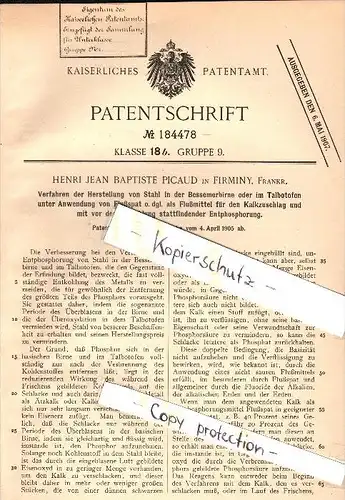Original Patent -H.J. Picaud à Firminy , 1905 , La production d'acier !!!