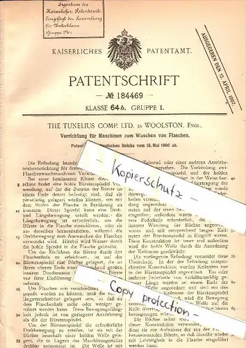 Original Patent - The Tunelius Comp. Ltd. inn Woolston , 1906 , machine for washing bottles , bottle !!!