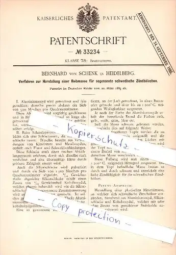 Original Patent - Bernhard von Schenk in Heidelberg , 1885 , Sprengstoffe !!!