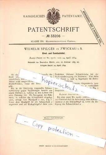 Original Patent - Wilhelm Spilger in Zwickau i. S. , 1885 , Brod- und Gemüsehobel !!!