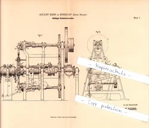 Original Patent - August Klein in Ernsdorf , Kreis Siegen , 1889 , Hufnägel - Schmiedemaschine , Schmied , Kreuztal !!!