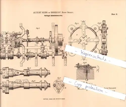 Original Patent - August Klein in Ernsdorf , Kreis Siegen , 1889 , Hufnägel - Schmiedemaschine , Schmied , Kreuztal !!!