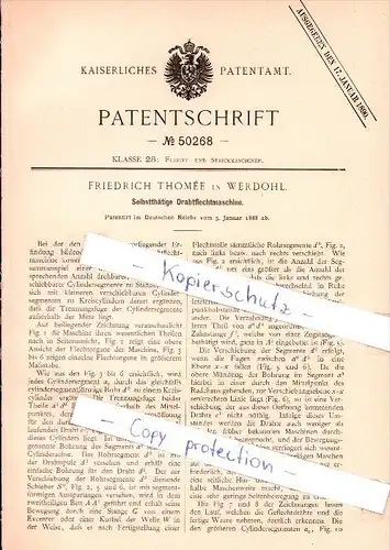 Original Patent - Friedrich Thomee in Werdohl , 1888 , Selbstthätige Drahtflechtmaschine!!!