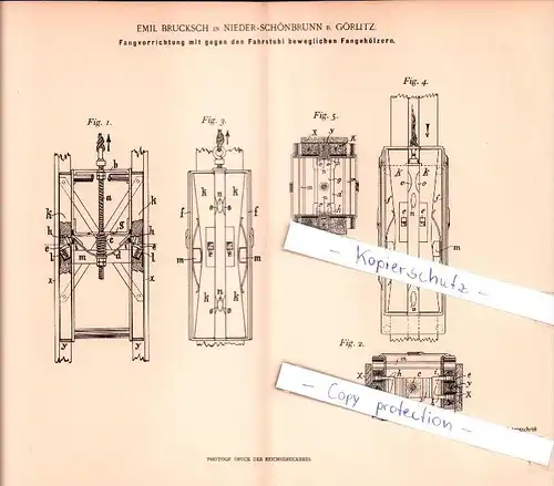 Original Patent -E. Brucksch in Nieder-Schönbrunn b. Görlitz , 1900, Fangapparat für Förderkörbe , Bergbau , Fahrstuhl !